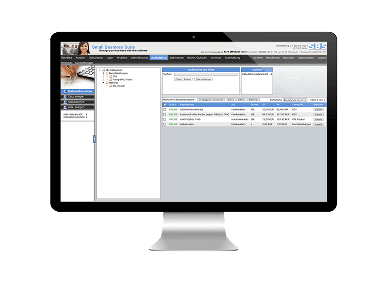 Vorschau Unternehmensverwaltungssoftware Kalkulation